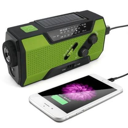 Pocket solar radio in green, red, white, or yellow with engineering plastic body, solar charging, and waterproof build.