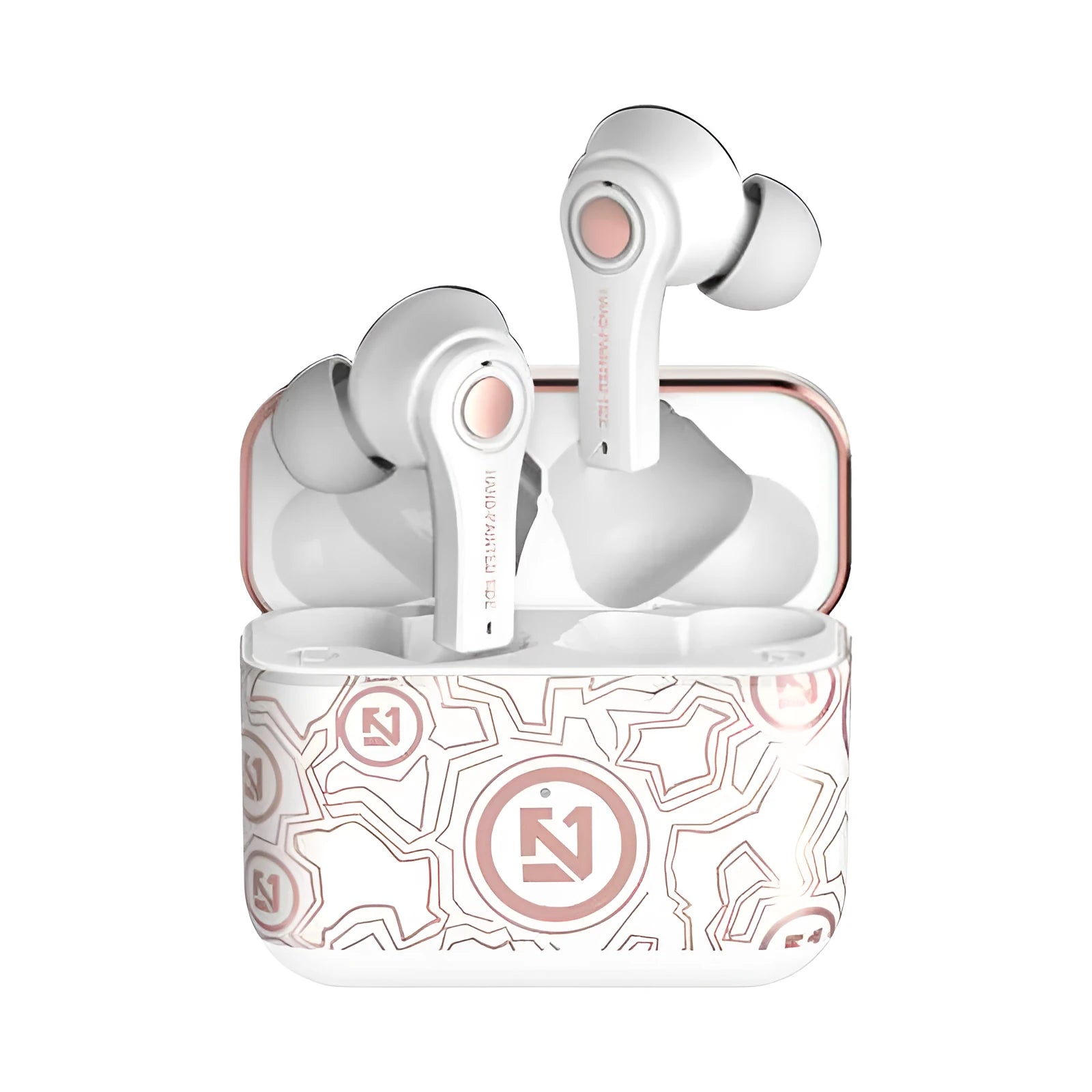 Black and white wireless Bluetooth headset showing head-mounted design with 18-metre range