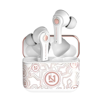 Black and white wireless Bluetooth headset showing head-mounted design with 18-metre range