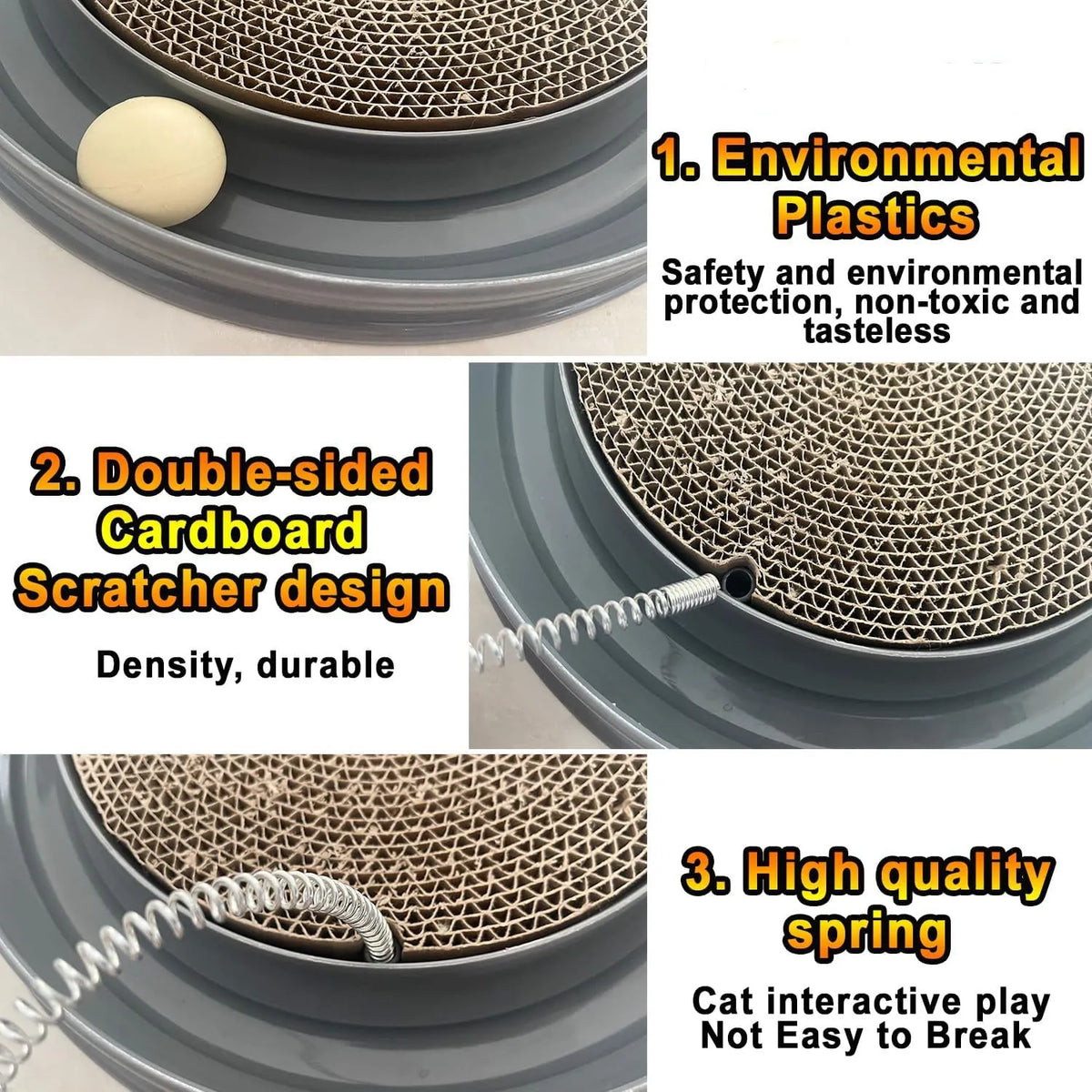 Blue cat scratcher with ball track and replaceable 9.7-inch cardboard pad measuring 40x40cm