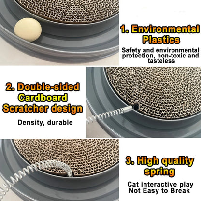 Blue cat scratcher with ball track and replaceable 9.7-inch cardboard pad measuring 40x40cm