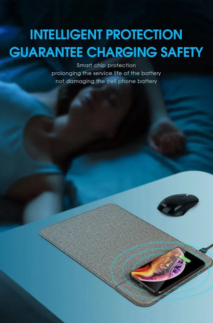 Foldable cloth phone holder unfolded on a table, wirelessly charging a smartphone with 10W power