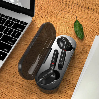 VV1 black and white Bluetooth wireless earphones with charging case showing in-ear design