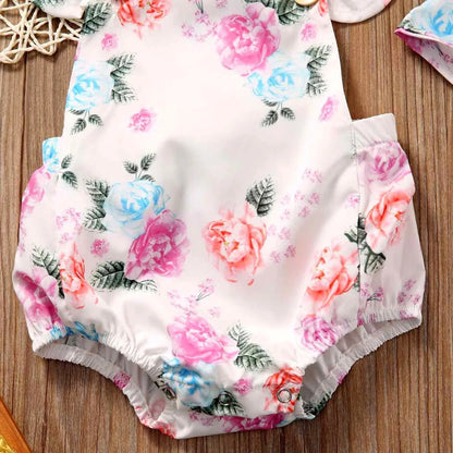 Baby girl white floral two piece set with sleeveless cotton triangle dress and matching bottoms, sizes 73cm to 100cm
