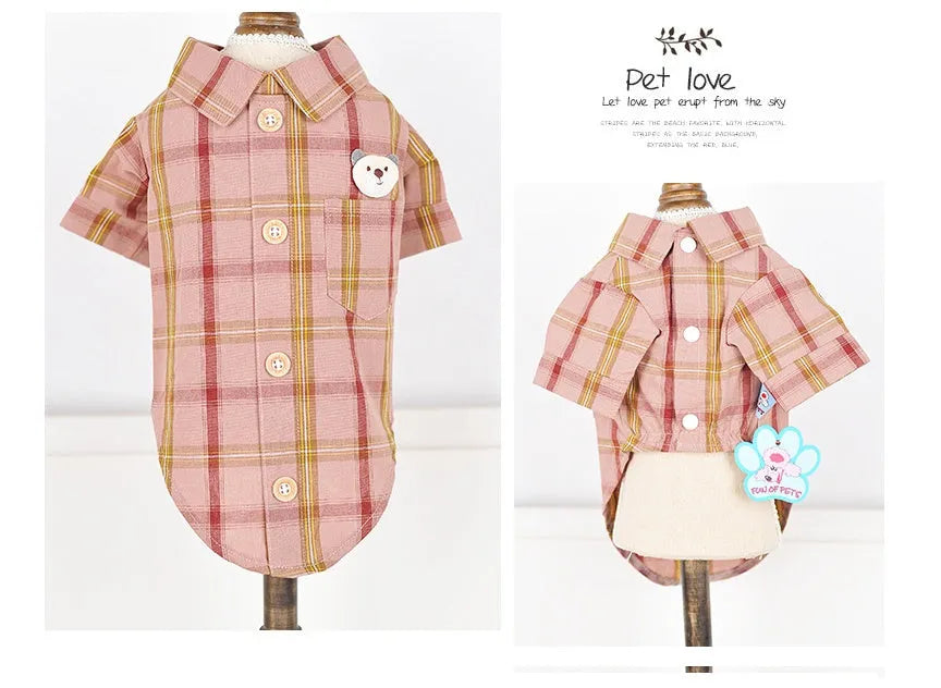 Soft cotton pet shirt with two feet design in blue, red, or rice brown, sizes XS to XL
