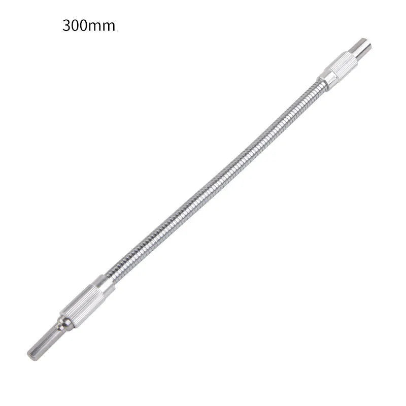 Silver metal flexible shaft extension for cordless drill with 6.35mm shank.