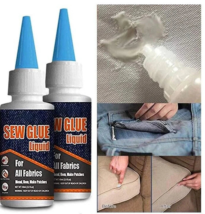 Clothing repair glue kit with two bottles, fixing clips, and applicator pen