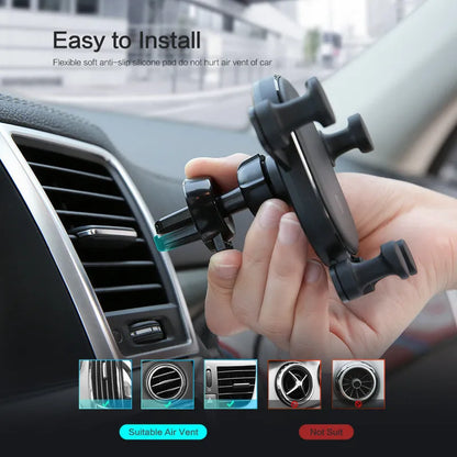 Black gravity car phone holder mounted on a car air vent, showing 360-degree rotation.