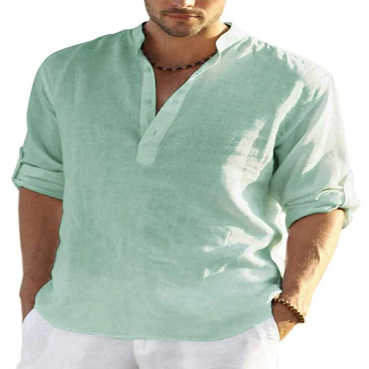 Stylish men's linen shirt with stand collar in various colours and sizes