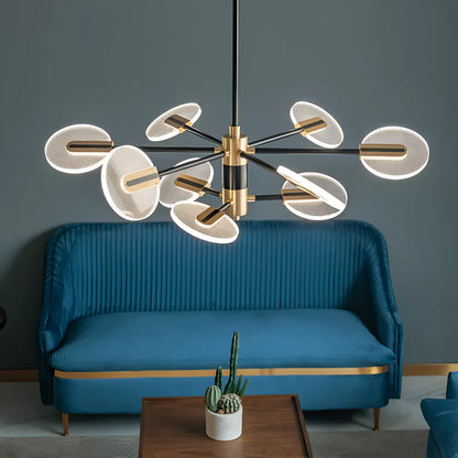 Nordic style iron frame LED chandelier with multiple acrylic shades, shown as a ceiling pendant lamp.