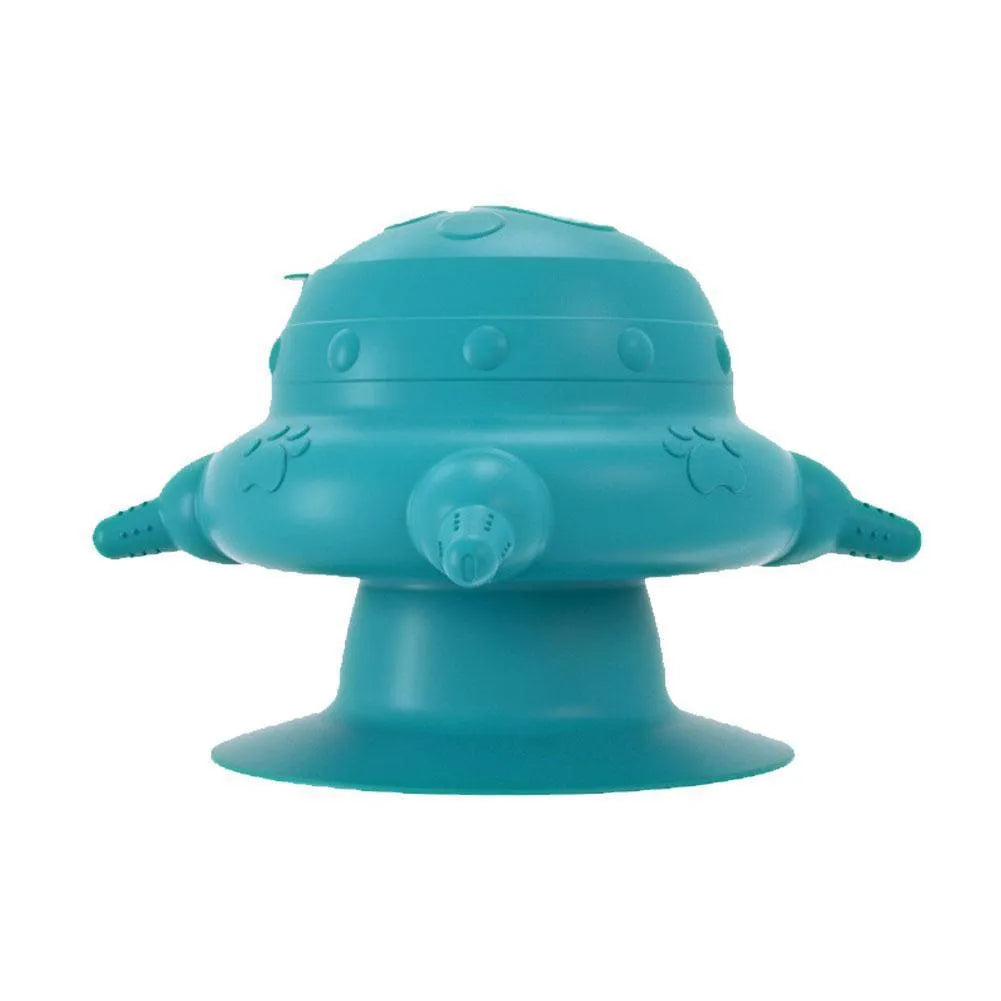 Pink silicone pet nursing bottle with bionic breast design and four pacifiers on a flat base.