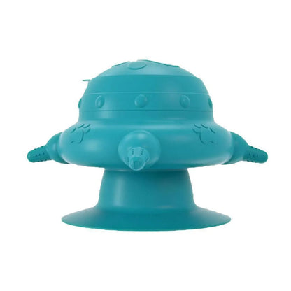Pink silicone pet nursing bottle with bionic breast design and four pacifiers on a flat base.