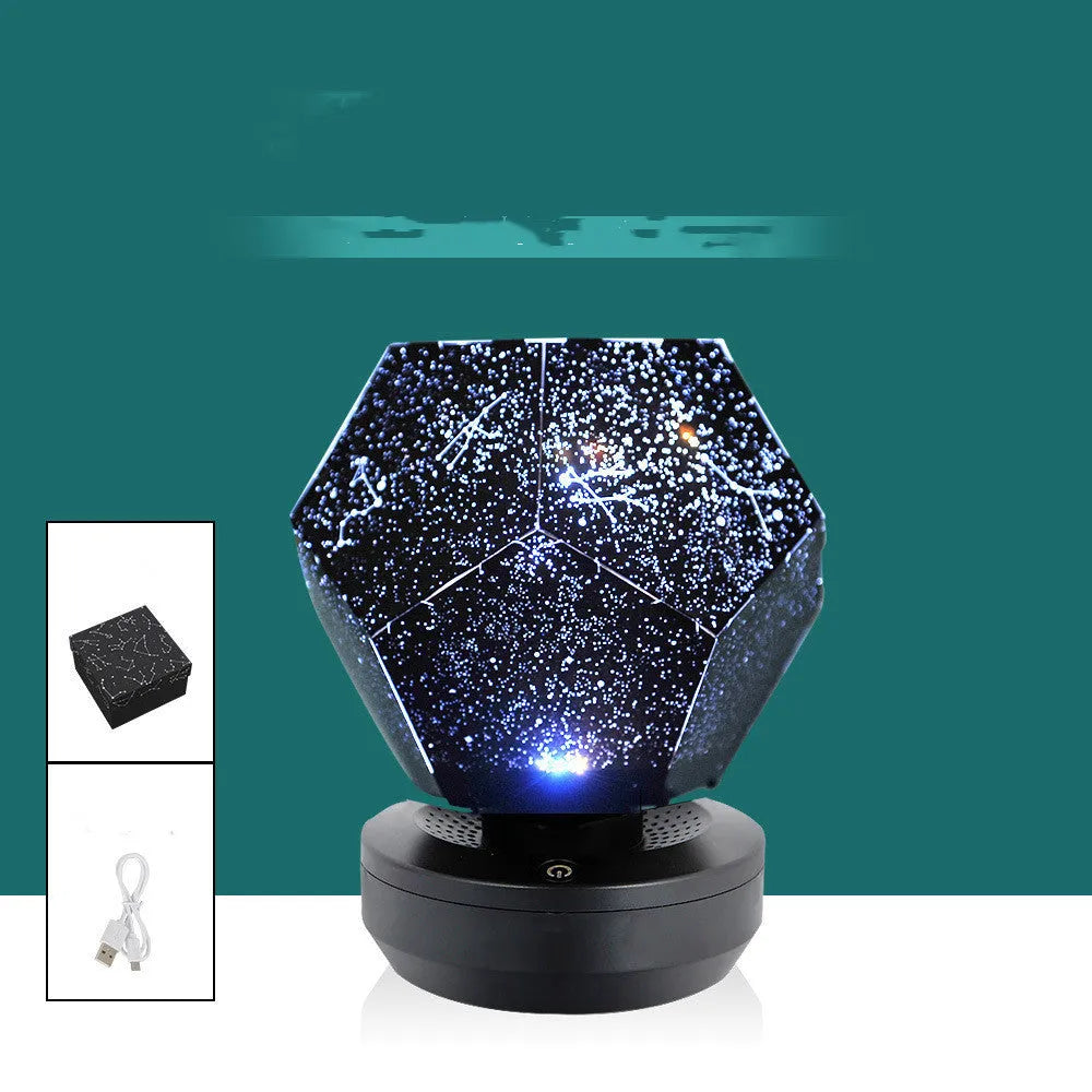 Plastic starry sky projection night light showing constellations on a bedroom ceiling, with remote control.