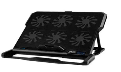 Metal mesh laptop cooling board with LCD display showing speed settings, positioned beneath a notebook computer