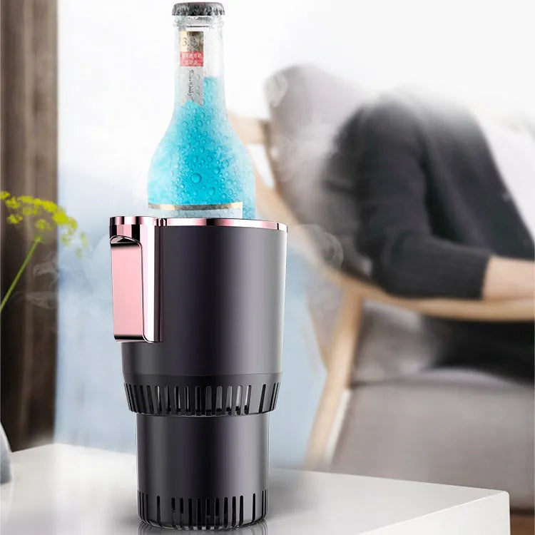 Purple gold and black portable thermoelectric car cooler and warmer for GM vehicles with DC 12V plug.