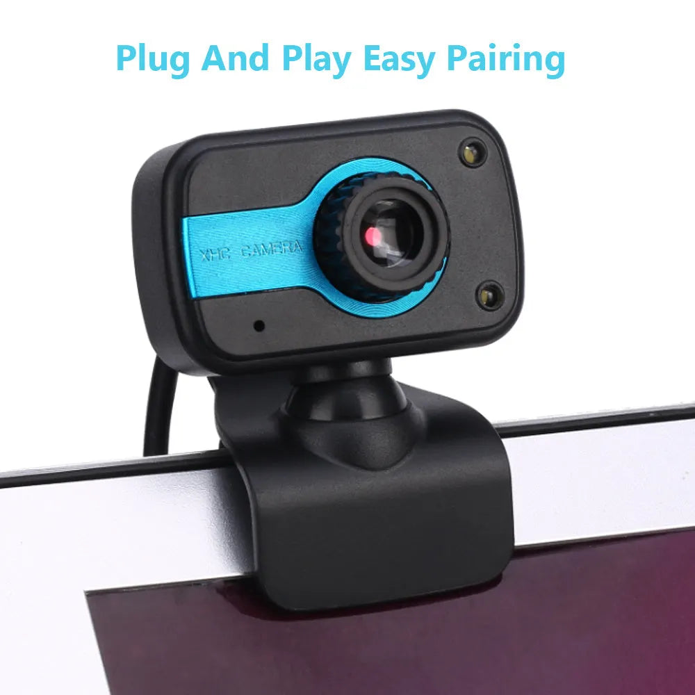 Blue mini USB webcam with a 1.45m cable showing its 360-degree rotating head on a laptop.