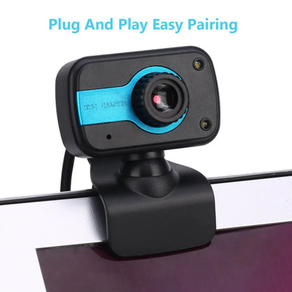 Blue mini USB webcam with a 1.45m cable showing its 360-degree rotating head on a laptop.