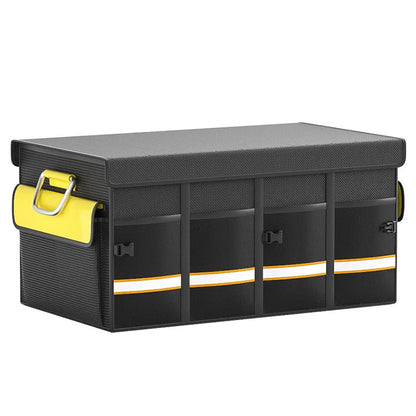 Black and yellow foldable car trunk storage bag with carrying handle in three size options.