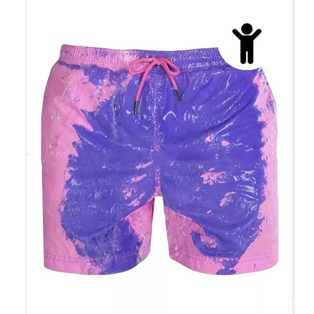 Men's colour-changing beach shorts in various colours, showing quick-dry and water-reactive features