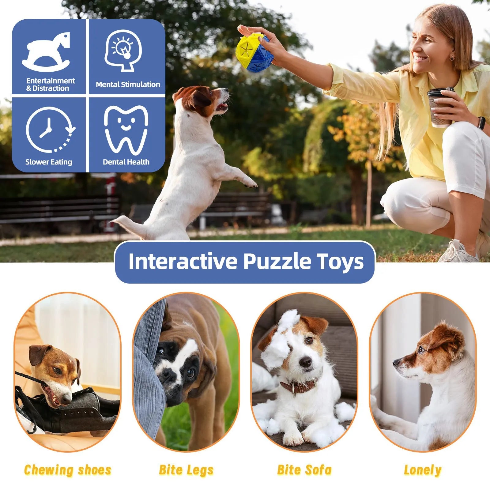 Blue and red hollow dog toy ball designed for interactive treat dispensing and bite-resistant play.