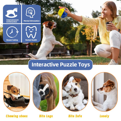 Blue and red hollow dog toy ball designed for interactive treat dispensing and bite-resistant play.
