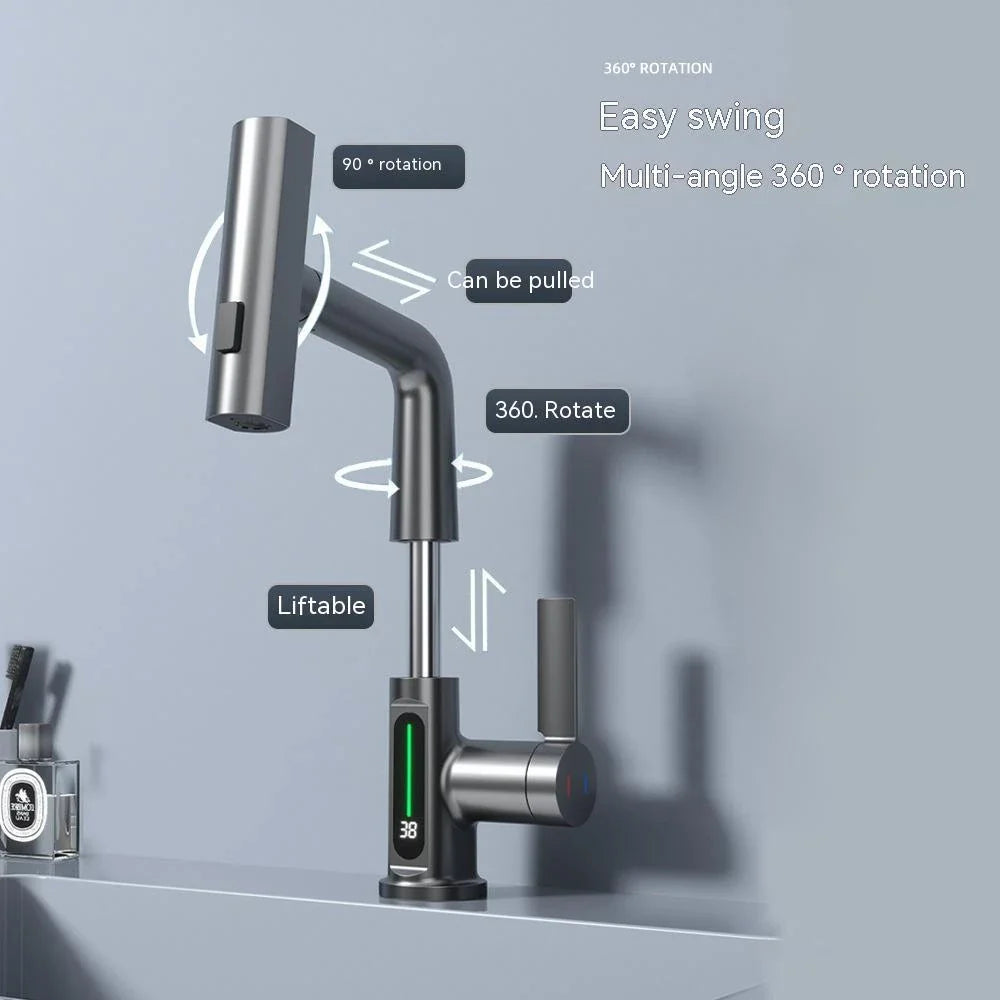 Sleek digital faucet with temperature display, 360° rotation, and pull-out hose for modern kitchen and bathroom needs