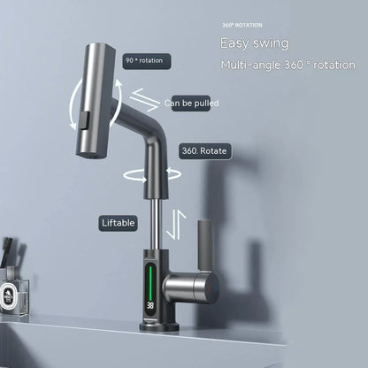 Sleek digital faucet with temperature display, 360° rotation, and pull-out hose for modern kitchen and bathroom needs