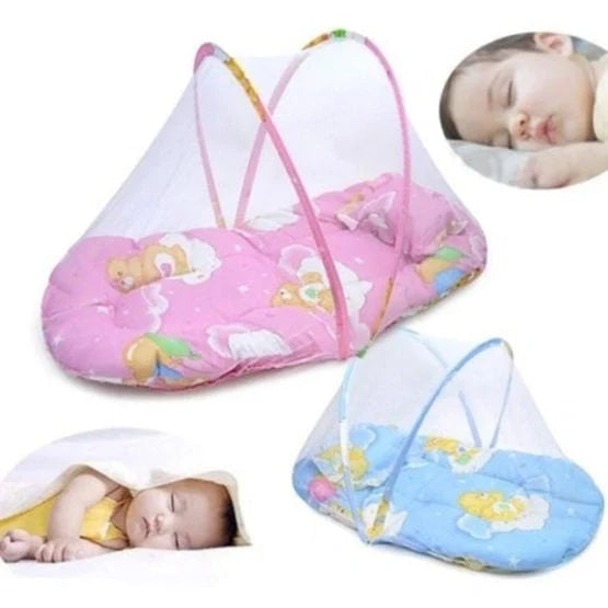 Portable foldable baby mosquito net tent in navy blue and soft pink with sleeping cushion