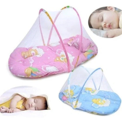 Portable foldable baby mosquito net tent in navy blue and soft pink with sleeping cushion