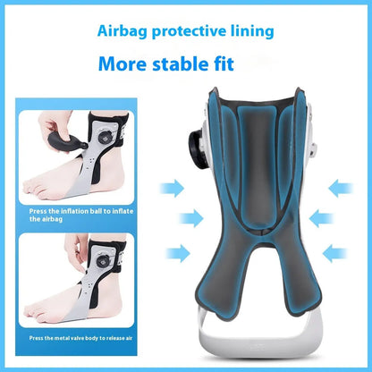 Grey and black ankle support brace with airbag button fixation system shown in multiple sizes