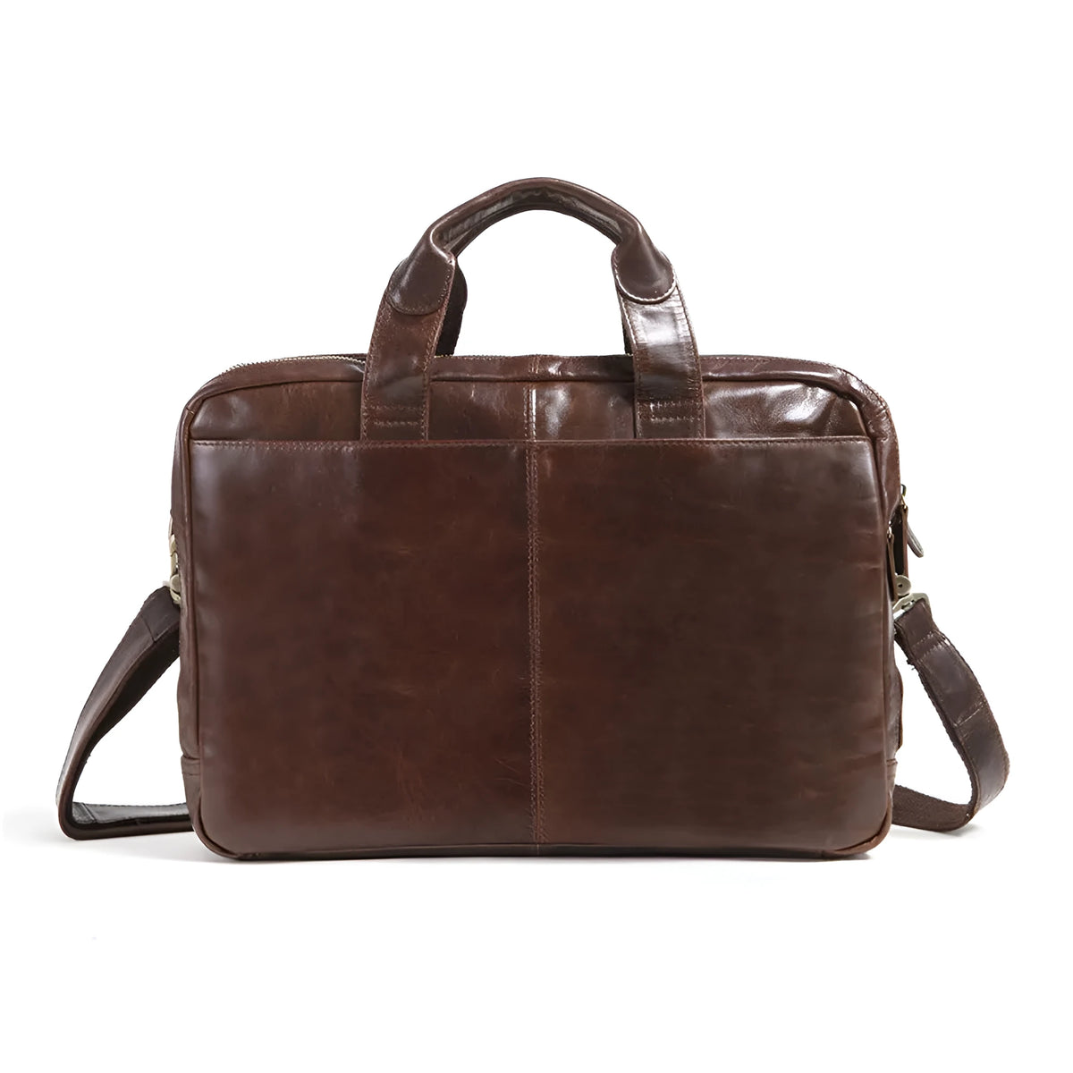 Brown men's leather briefcase with a textured pattern, shown with an open view of the polyester cotton lining.