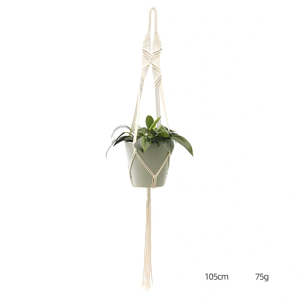 Hand-knitted cotton flowerpot net bag showing intricate pattern and hanging installation with plant