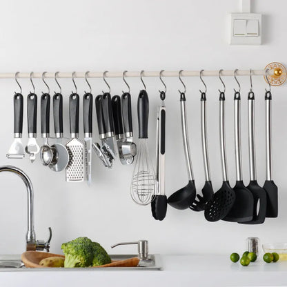 Black silicone spatula spoon set with stainless steel handles, 16 pieces for cooking and baking