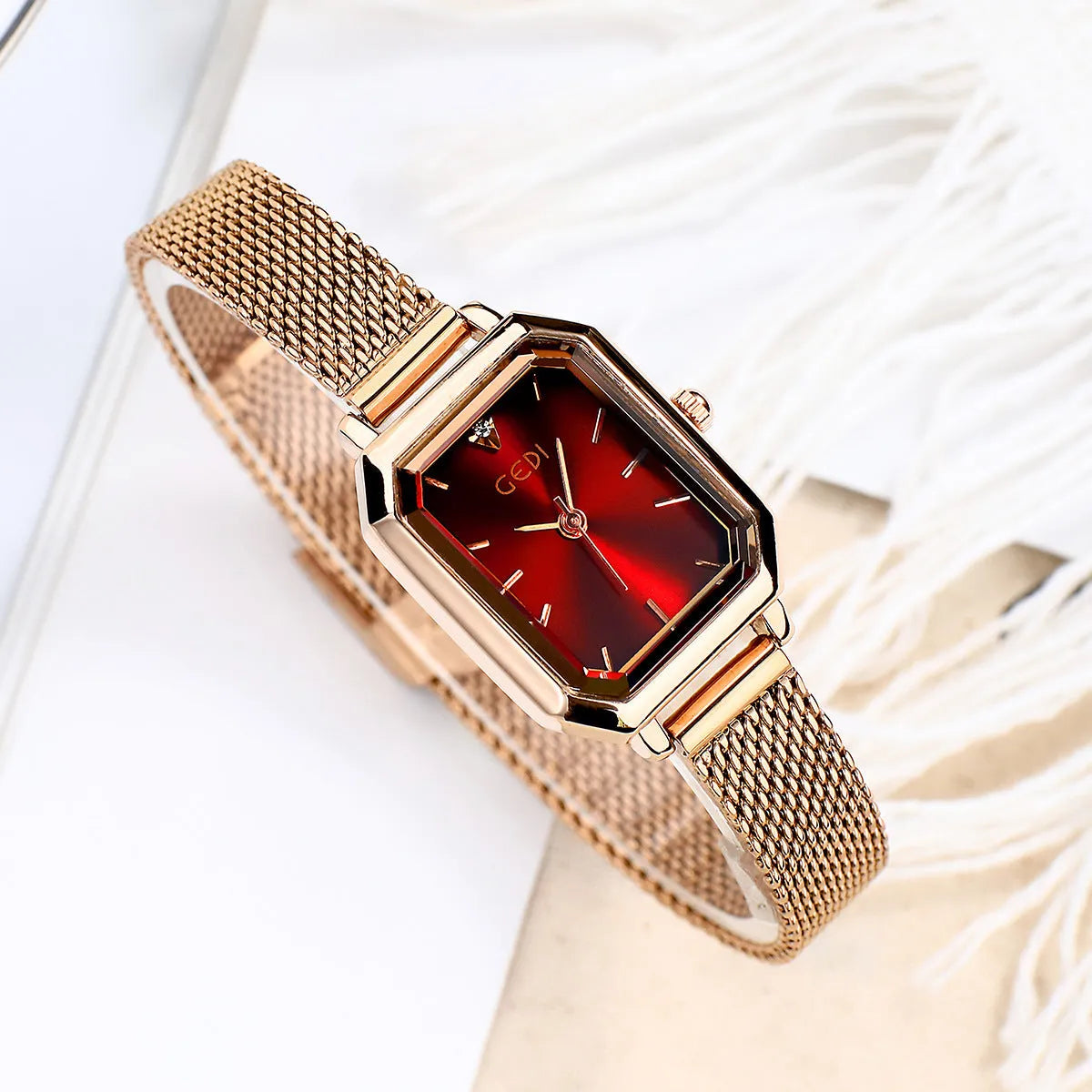 Women's square retro casual watch with rose gold shell case in various colour combinations