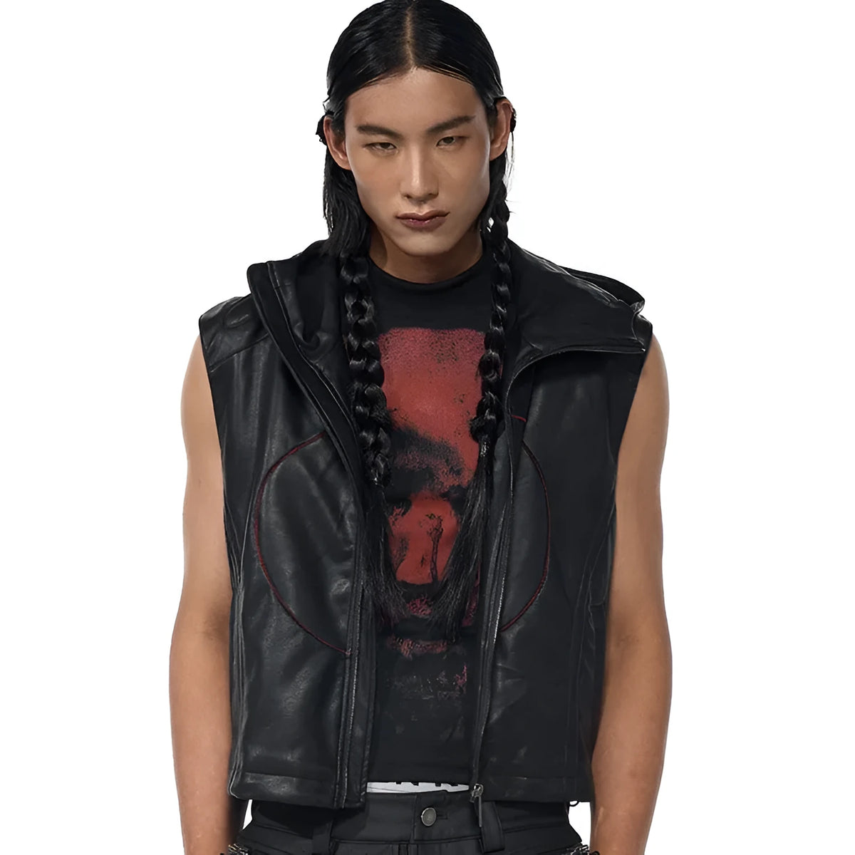 Black men's slim fit hooded leather waistcoat with a five-pointed star on the front.