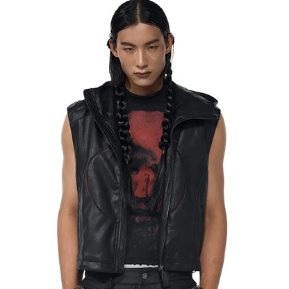 Black men's slim fit hooded leather waistcoat with a five-pointed star on the front.