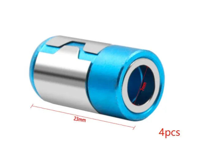 Light blue magnetic screwdriver bit with slotted head and magnetic ring for metric screws