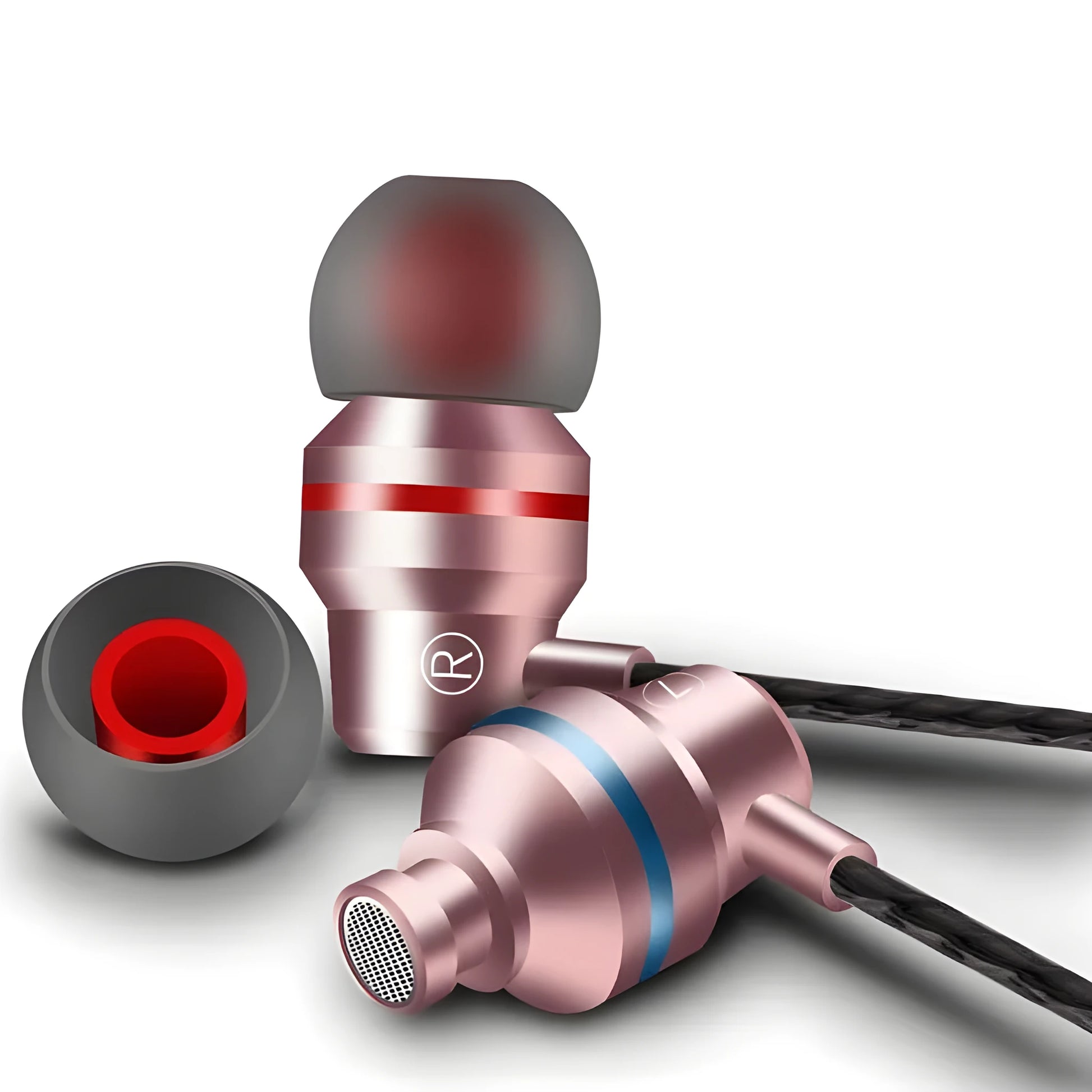 Wired in-ear headphones with a black cable, 3.5mm plug, and detachable silicone earplugs in various colours.