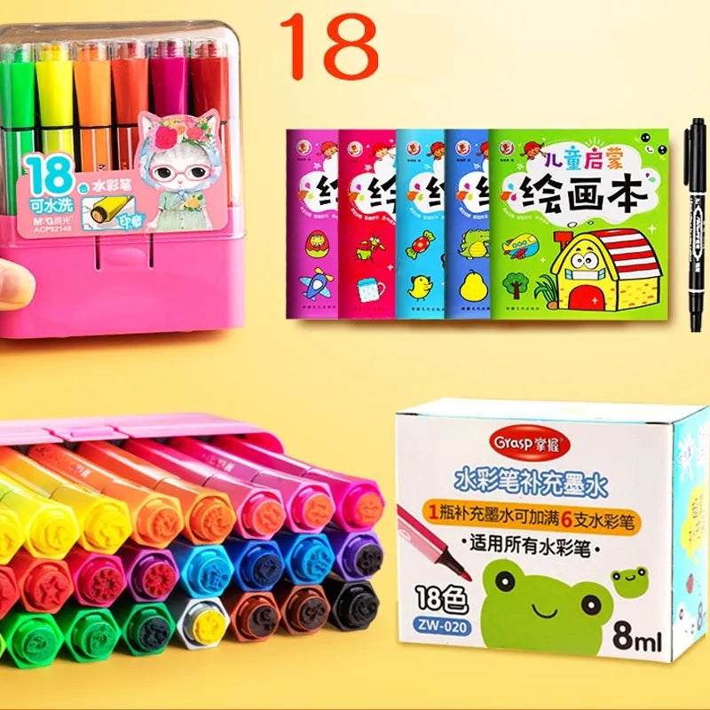 Safe non-toxic washable painting brush set with hexagonal rods in blue, pink or yellow