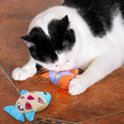 Two small plush goldfish cat toys with crinkle paper sound layer and catnip filling