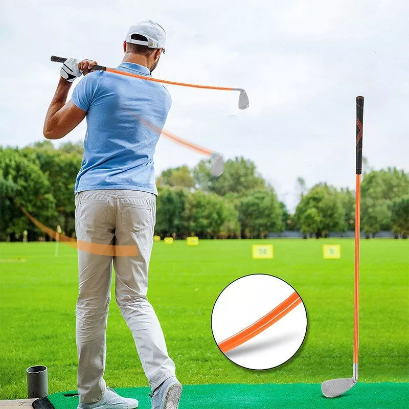 Golf Iron Swing Trainer in orange, black, and blue for safe practice sessions