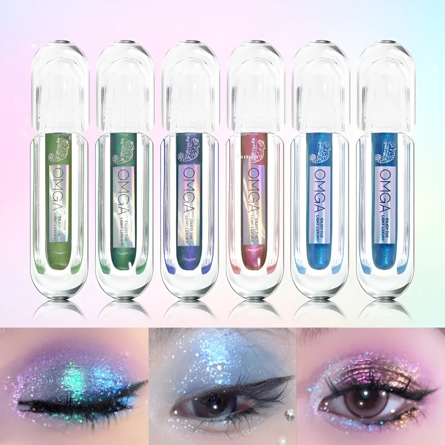 Chameleon rhinestone liquid eye shadow with pearlescent glittering highlights in six colour options