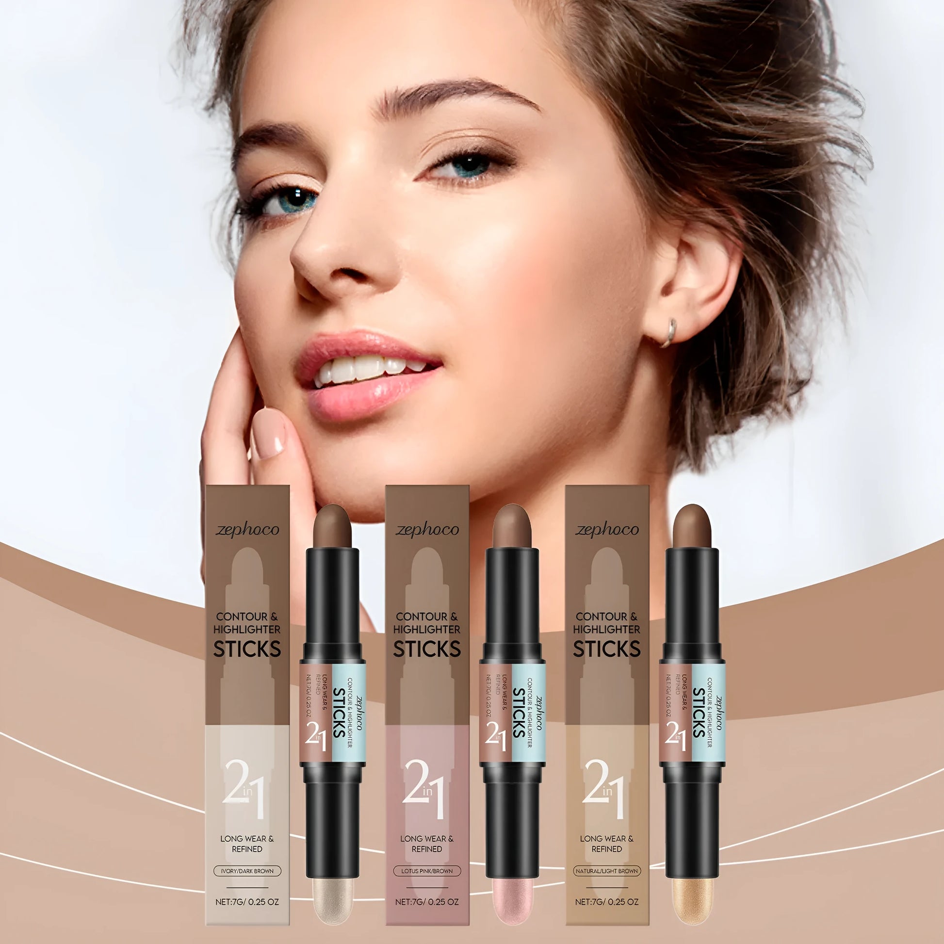 Dual-ended 2-in-1 brow highlighter and repair pen in natural light brown.