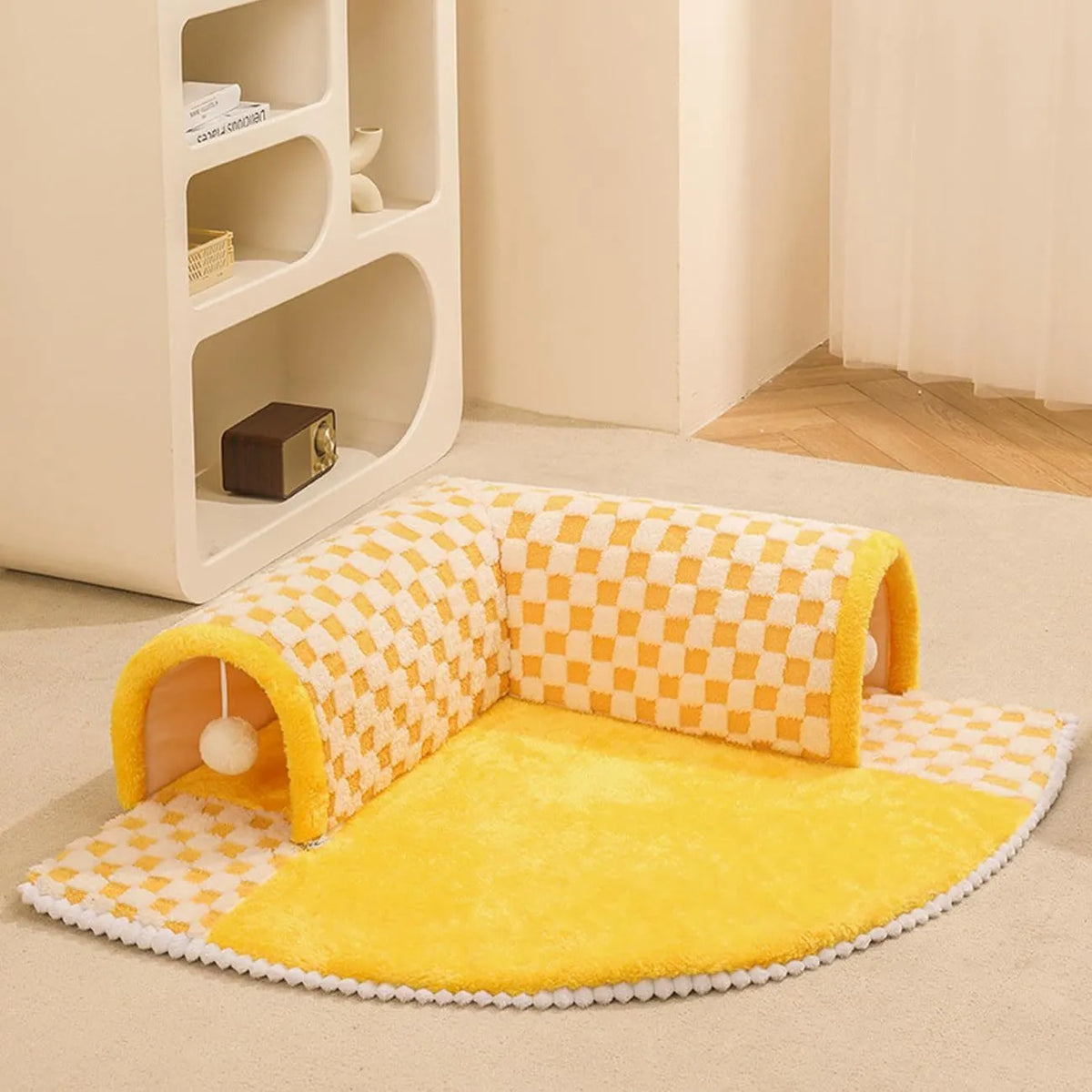 Fan-shaped 2 in 1 dog cat bed with plush sleeping area and integrated play tunnel in yellow colour