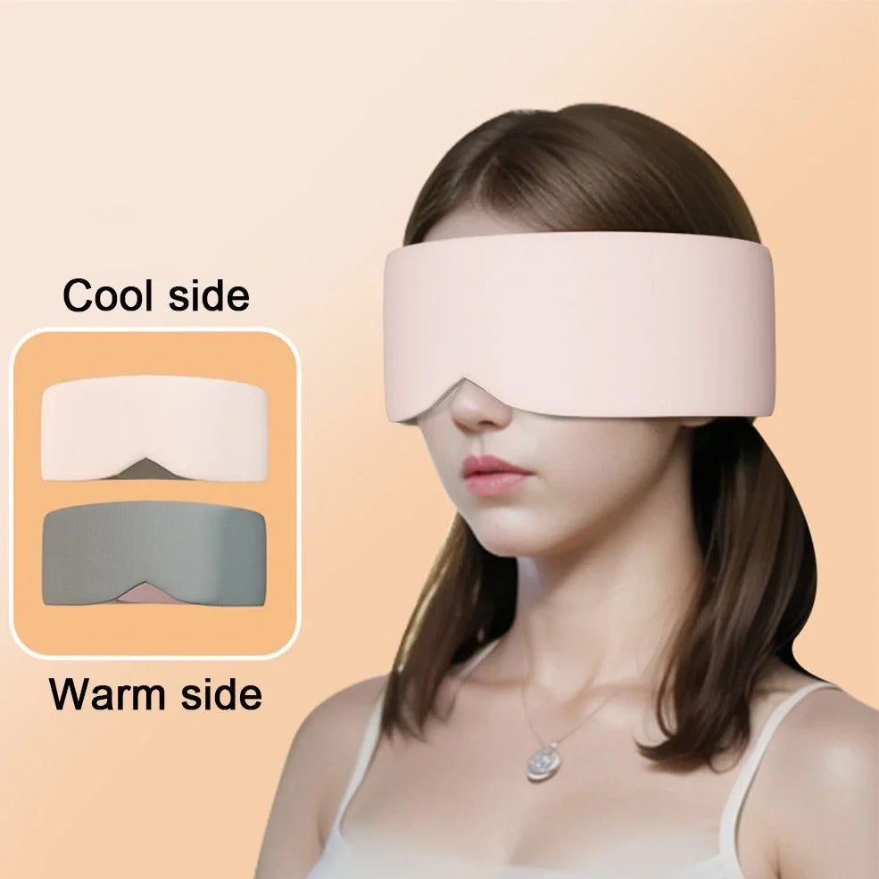 Double-sided sleep mask showing warm cotton and cooling ice silk surfaces with adjustable headband