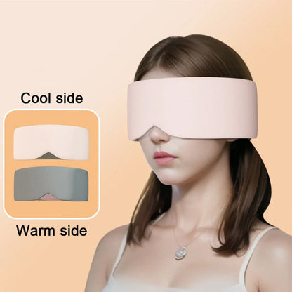 Double-sided sleep mask showing warm cotton and cooling ice silk surfaces with adjustable headband