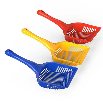 Red plastic cat litter scoop showing dimensions and PP construction for waste removal