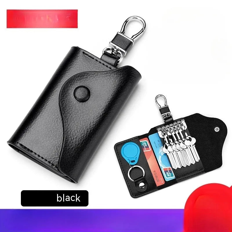 Genuine leather keychain card holder in square vertical design with internal key mapping structure