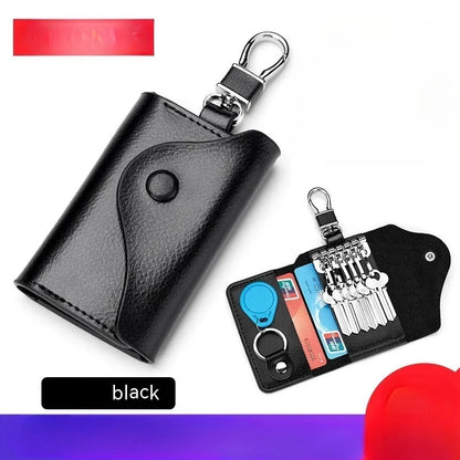 Genuine leather keychain card holder in square vertical design with internal key mapping structure