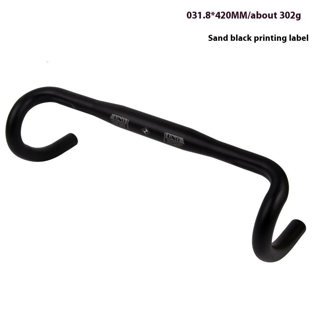 Black aluminium alloy road bike drop handlebar with printed UNO logo showing bend profile
